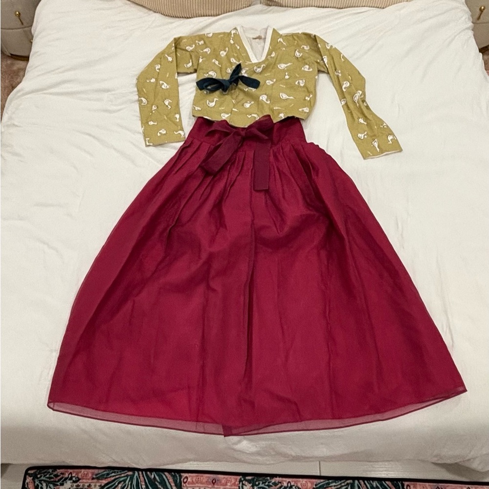 Green Top with Ducks and Magenta Red Skirt Handmade Modern Korean Hanbok